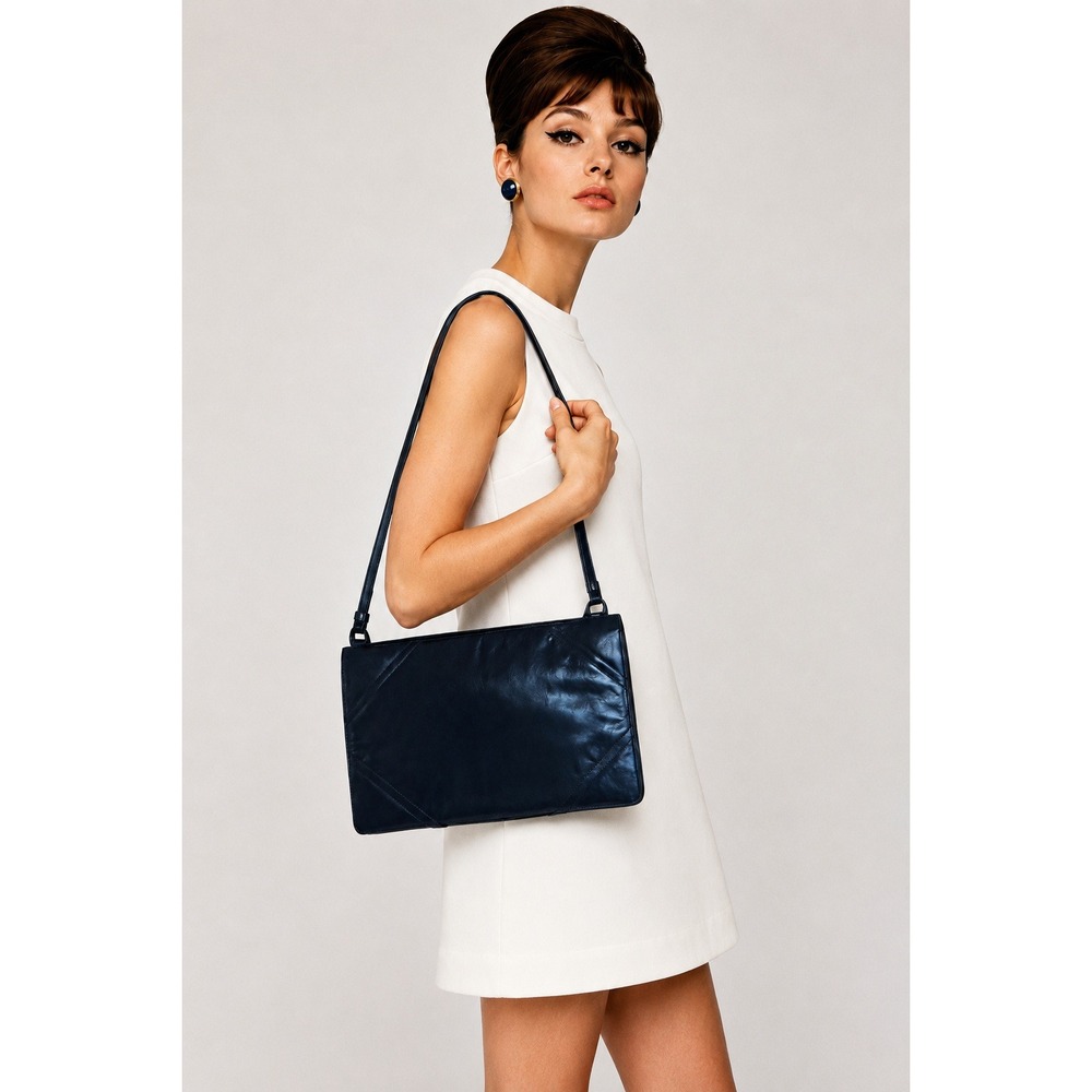 Morris Moskowitz Vintage Navy Blue Leather Shoulder Bag Geometric Stitched Mod